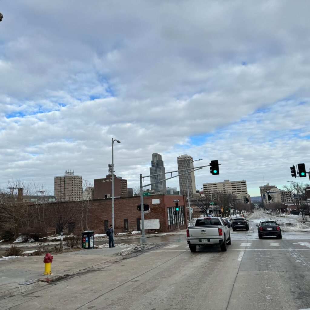 Skyline of Omaha view from Anchor Roofing truck.