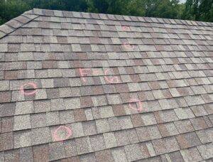 hail impacts circled on a roof without impact resistant shingles