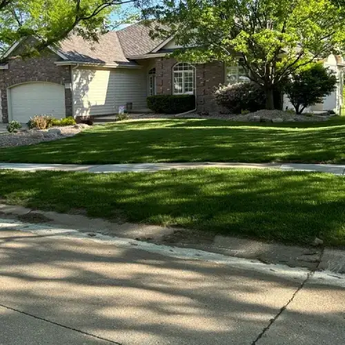 Suburban home with a pristine lawn and newly installed impact resistant shingles on the roof by Anchor Roofing