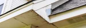 exterior close up view of fascia and soffit repair needed on a residential home by Anchor Roofing in Omaha, NE.