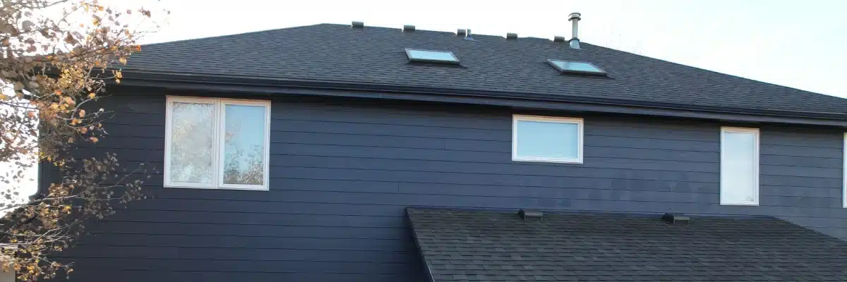 Home exterior with dark horizontal siding and roofline after siding work by Anchor Roofing in Omaha