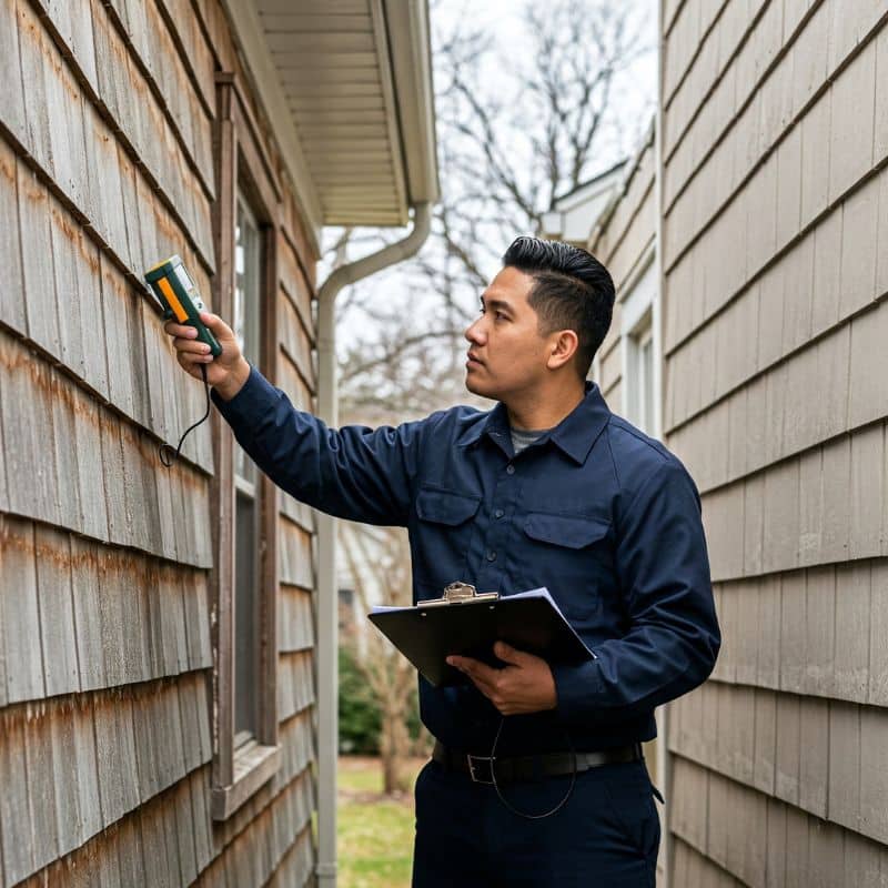 A home inspector checking weathered siding with a moisture meter, supporting siding insurance claims Omaha in Omaha by Anchor Roofing.