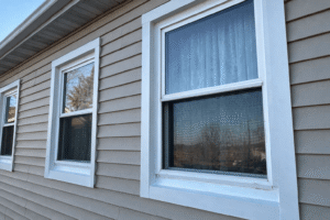 Beige vinyl siding wall with three windows showcasing siding energy efficiency service in Omaha, NE by Anchor Roofing