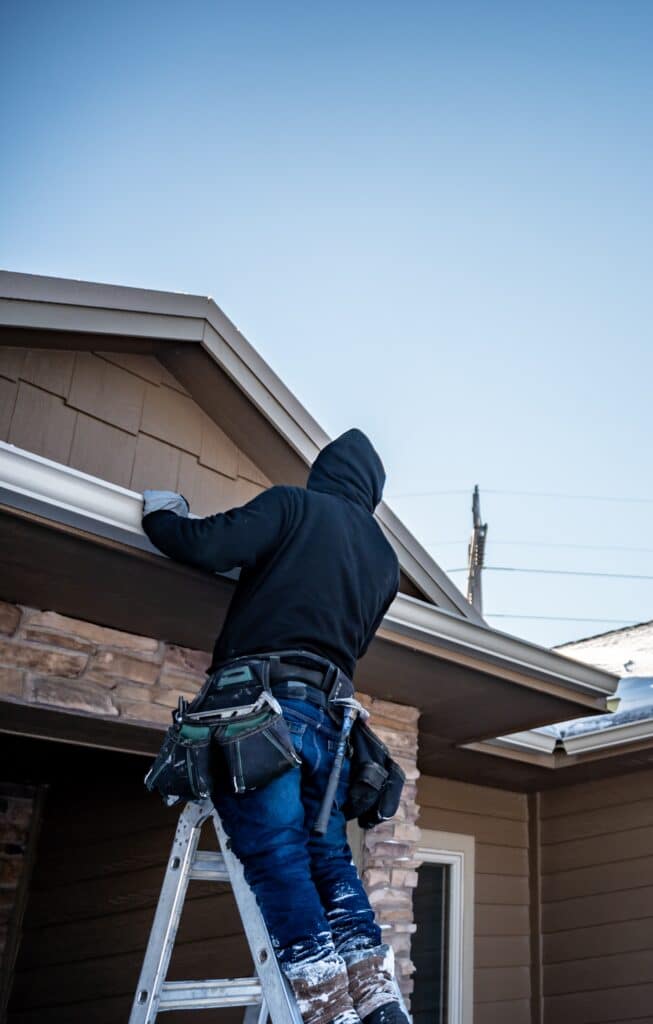 Contractor on a ladder working on white residential gutters to meet roof insurance check rules gutter installation in Omaha by Anchor Roofing