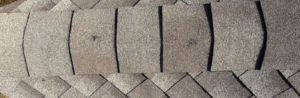 Close-up of bruised asphalt ridge cap shingles with granule loss representing the history of hail in Nebraska storm damage inspection in Omaha by Anchor Roofing