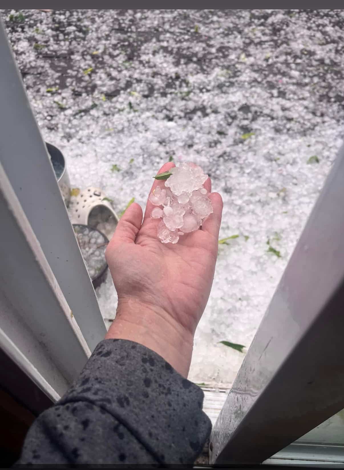 Hand holding hailstones showing replace vs repair storm damaged roof service in Omaha by Anchor Roofing