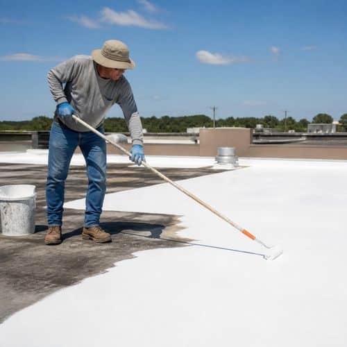 Roofer applying white reflective coating for commercial roof coating benefits in Omaha by Anchor Roofing
