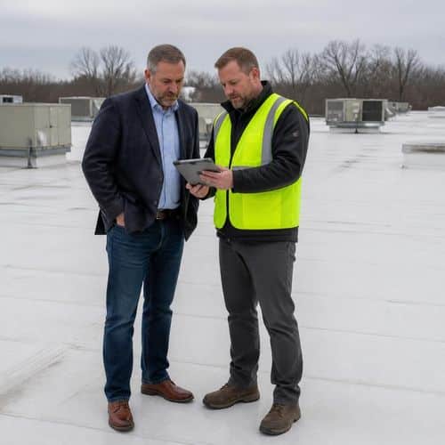 Building owner and roofer reviewing a flat roof inspection for commercial roof coating in Omaha by Anchor Roofing