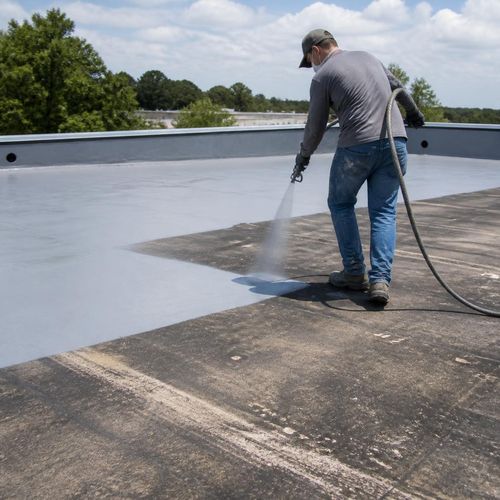 Close-up of commercial roof coating restoration being applied to an existing roof surface by Anchor Roofing