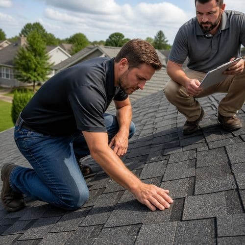 Anchor Roofing inspector checking asphalt shingles for hail damage before installing impact-resistant shingles in Omaha by Anchor Roofing