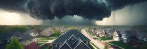 Severe hailstorm clouds over an Omaha neighborhood, the kind of weather impact-resistant shingles in Omaha by Anchor Roofing are built for
