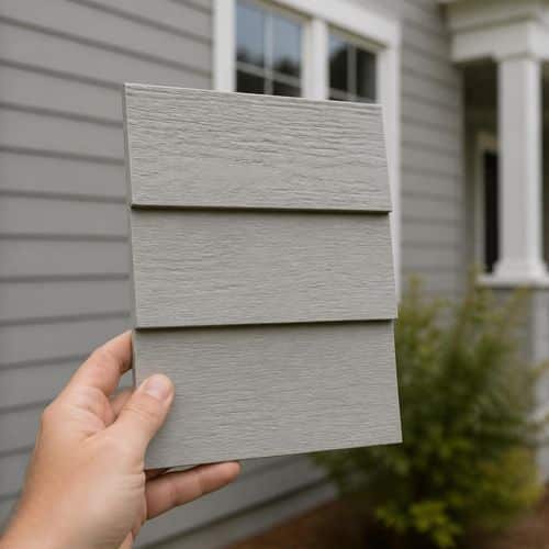 Hand holding gray fiber cement siding color samples beside a home, James Hardie siding in Nebraska color options by Anchor Roofing