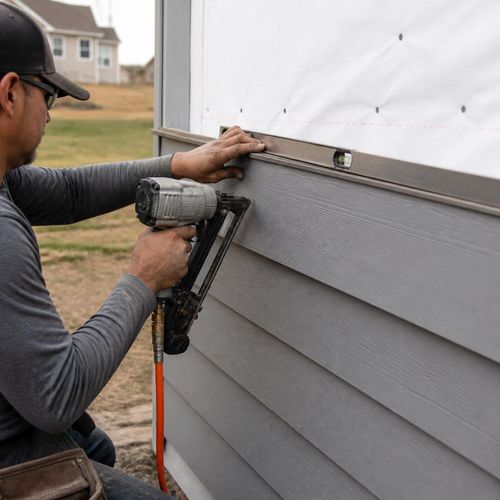 Installer fastening gray fiber cement lap siding with a nail gun, James Hardie siding installation in Nebraska by Anchor Roofing