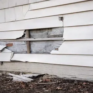 Cracked and broken exterior siding showing storm or weather damage repaired by Anchor Roofing in Omaha