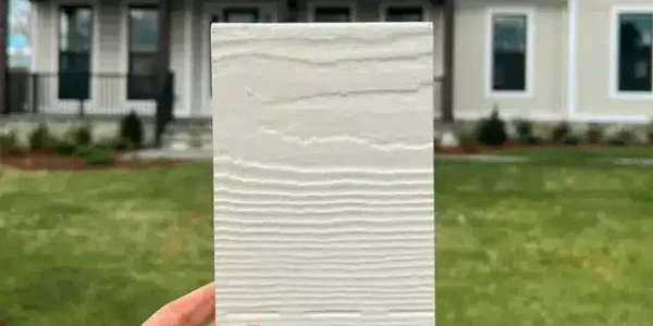 Siding color sample being held up in front of a home showing material selection options by Anchor Roofing in Omaha