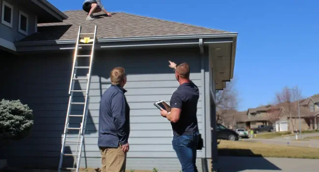 Anchor Roofing team inspecting a residential roof in Omaha, with one roofer on the shingles and two team members on the ground discussing the project.