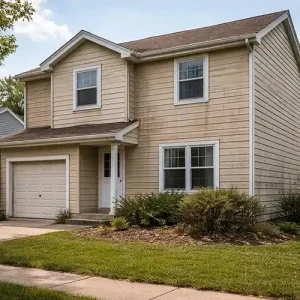Two-story home exterior showing old, discolored siding inspected by siding contractor at Anchor Roofing in Omaha