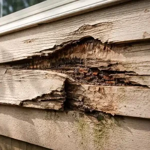 Severe rotting wood siding damage needing replacement by professional siding contractor at Anchor Roofing in Omaha
